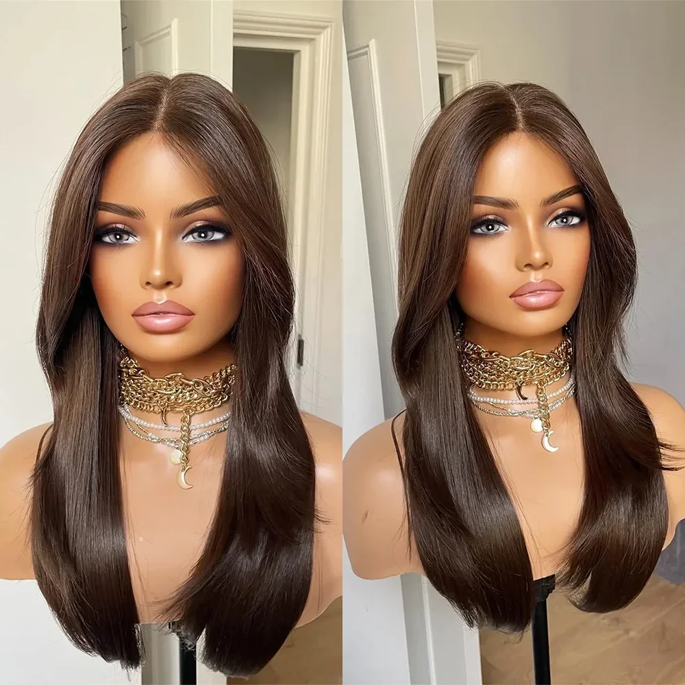 

Бесшовный прямой коричневый парик из европейских человеческих волос, 26 дюймов, 5x5, с шелковой основой, HD-кружевом, с эффектом натуральной линии роста волос, без клея