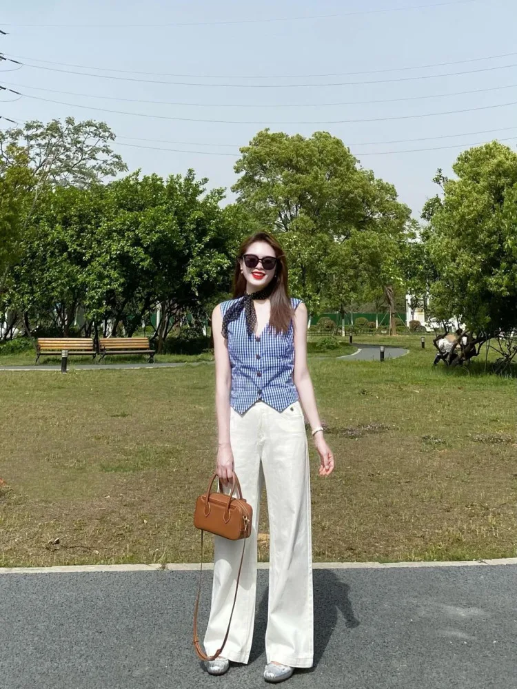 

Faionable V-Ne Plaid Vest Women's Summer New Design Sensation Small Batch Dopne Matching Top Trendy Polyester Fiber