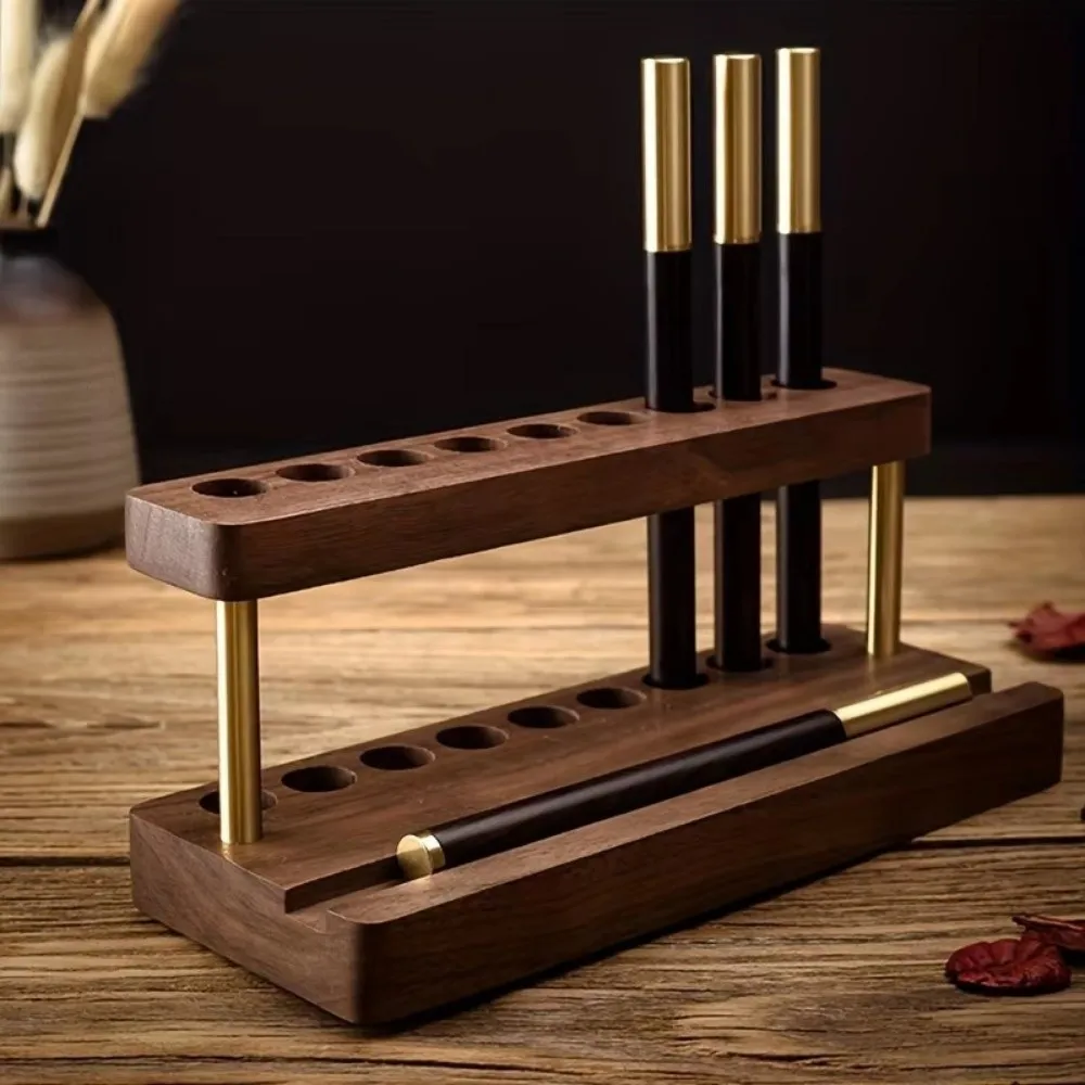 Modern Walnut Wood Pen Holder 9 Slots Sleek Desk Organizer Pen Stand For Office School