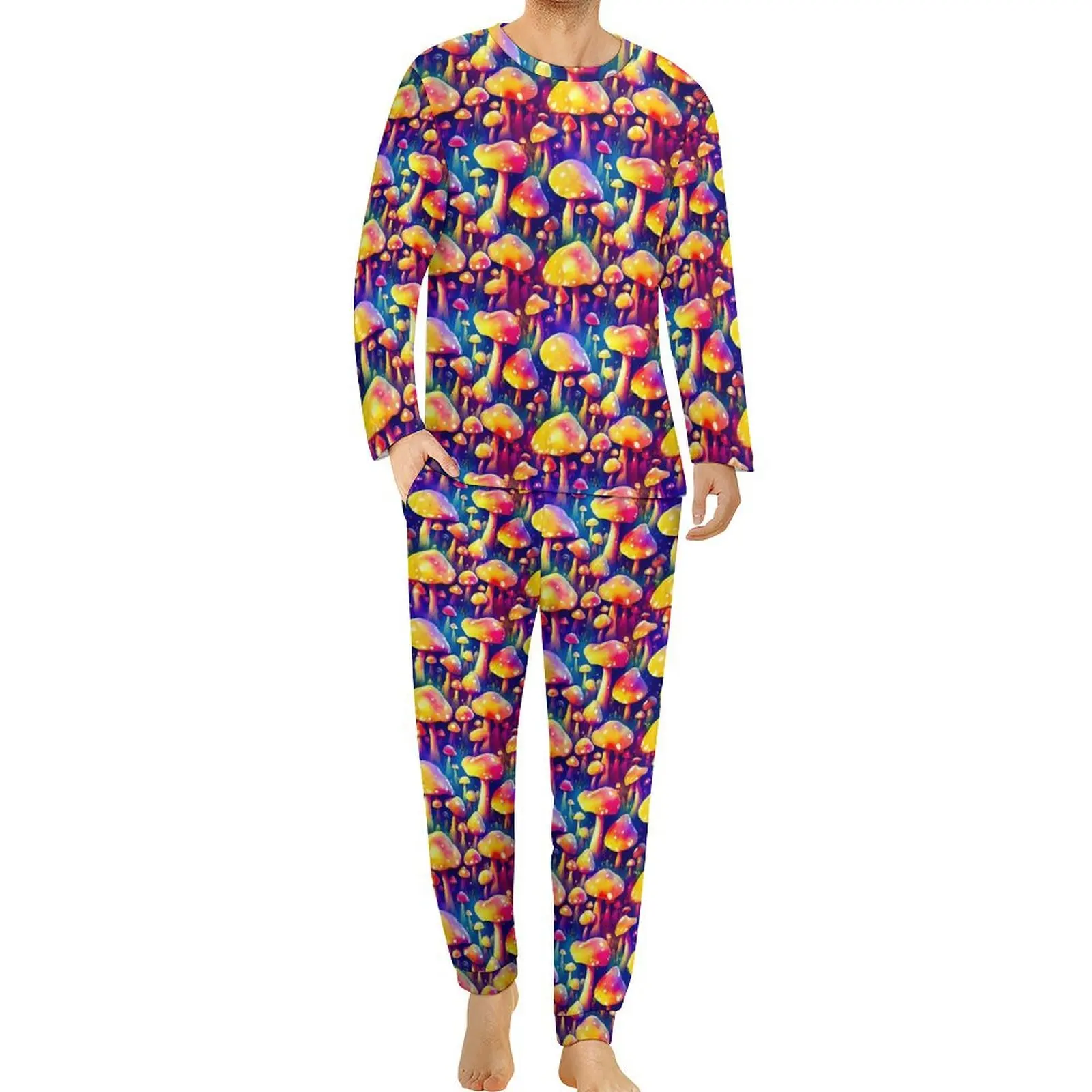 Trippy Magic Mushroom Pajamas Winter Psychedelic Print Bedroom Nightwear Man Two Piece Design Long Sleeves Big Size Pajama Sets