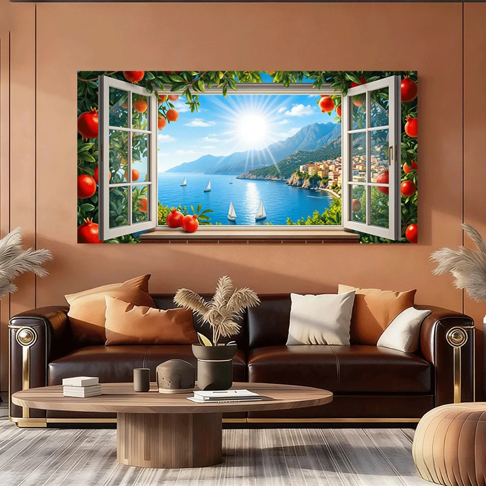 1PC-Canvas poster Unframed  Window View Coastal Landscape Sunlight Sailboats Mountains Ocean Pomegranate Vine Art Print  summer