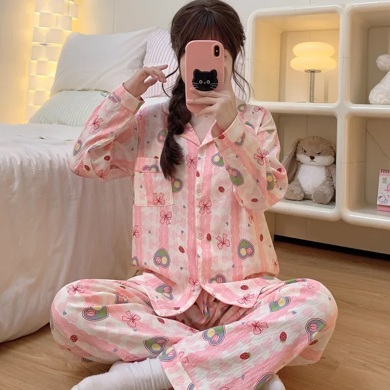 New 2/pce Set Girls Spring Autumn Cute Pink Wrinkled Cloth Pajama Woman Casual Fashion Loungewear Lady Long Sleeves Pants Pajama