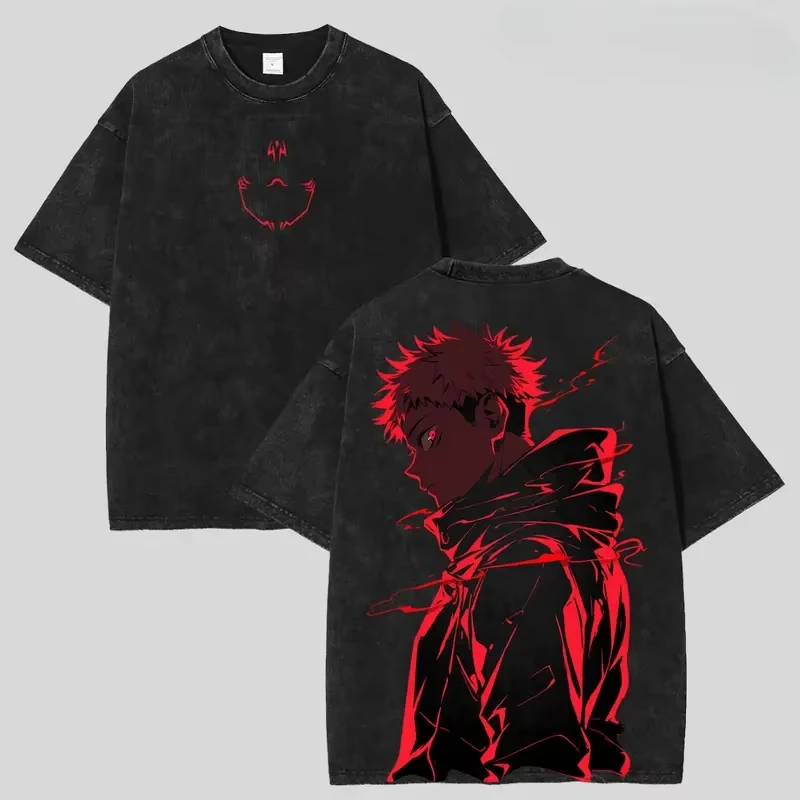 2026 Itadori Yuji Jujutsu Kaisen Anime Printed T-shirt Men's and Women's Washed T-shirt High Quality Vintage Cotton T-shirt Tops