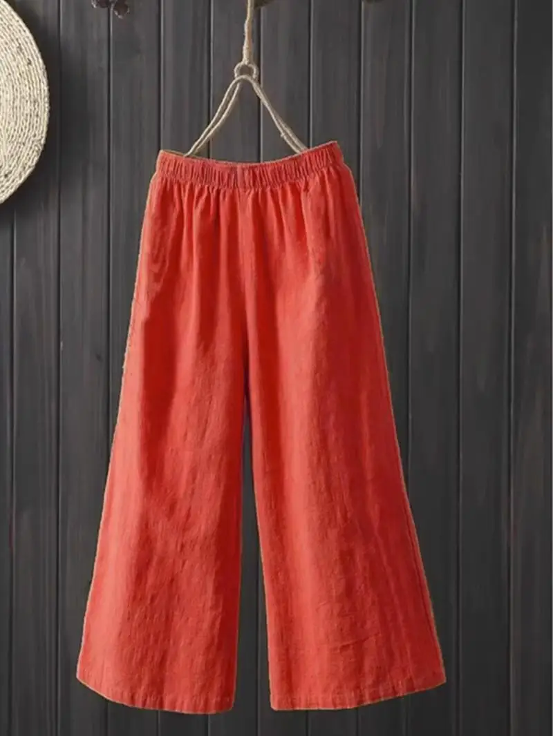 กางเกงขายาวผ้าคอตตอนผสมทรงขากว้างสำหรับผู้หญิง สปริง/ซัมเมอร์ เนื้อผ้าบางเบา สไตล์ลำลอง เหมาะสำหรับวัยกลางคน ใส่ทำงาน แฟชั่น เอวสูง ความยาวเจ็ดส่วน