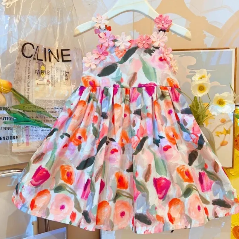

TOY-Girls' Floral Strap Dress Summer Outfit2025New French Style Little Girl Vest Princess Chic Strap Dress