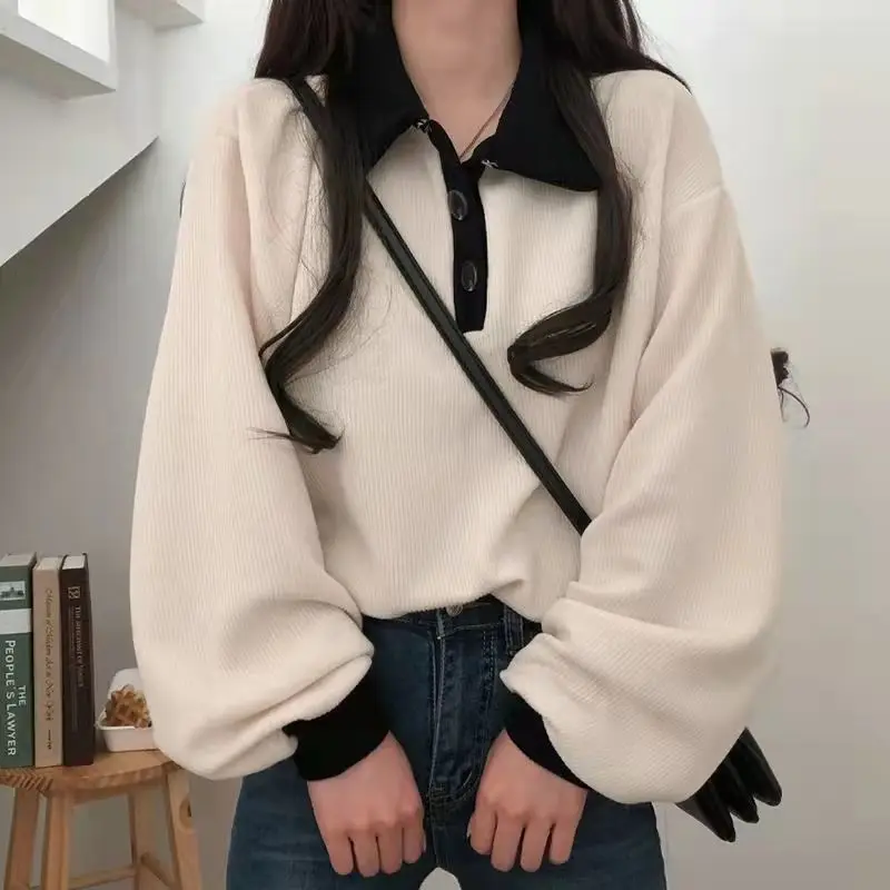 

Теплая толстовка для женщин, воротник-поло, рукава-фонарики, свободная футболка с длинными рукавами для женщин, новые контрастные цвета