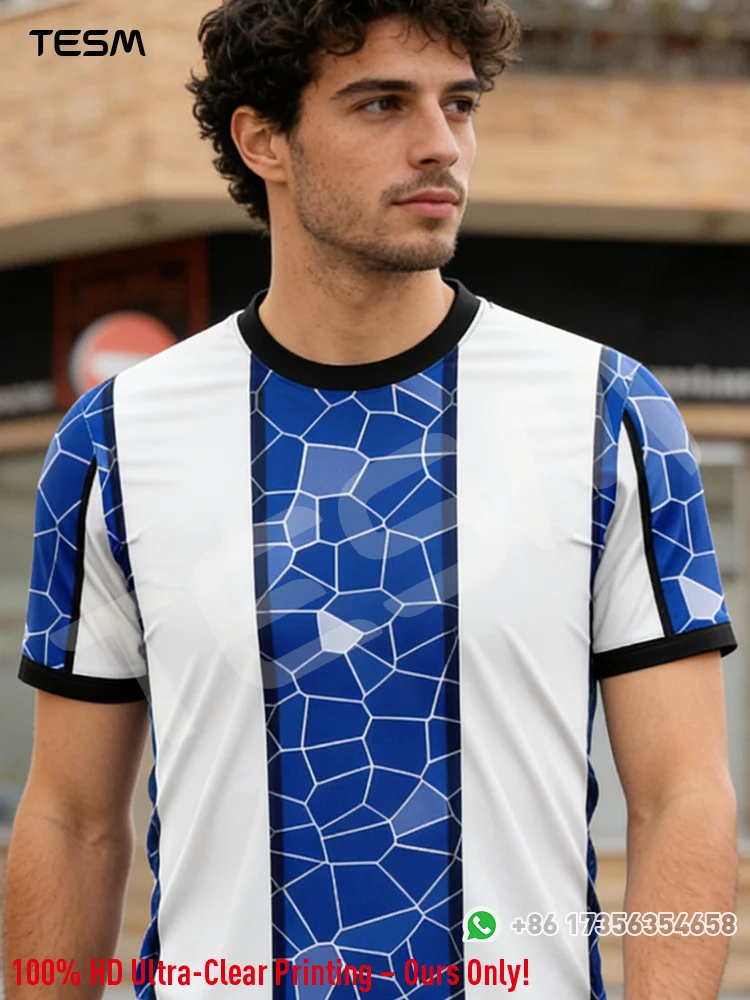 Men Blue White Mosaic Stripe Soccer Jersey Number Name Football Shirt Kid Breathable Sportswear Uniform Team Training