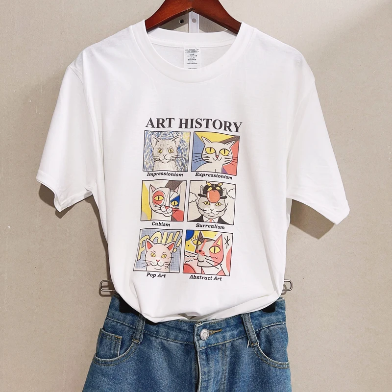 2022 Art History Cat Funny Printed T Shirt Women Short Sleeve Cotton Fashion O-Neck Printing Tops