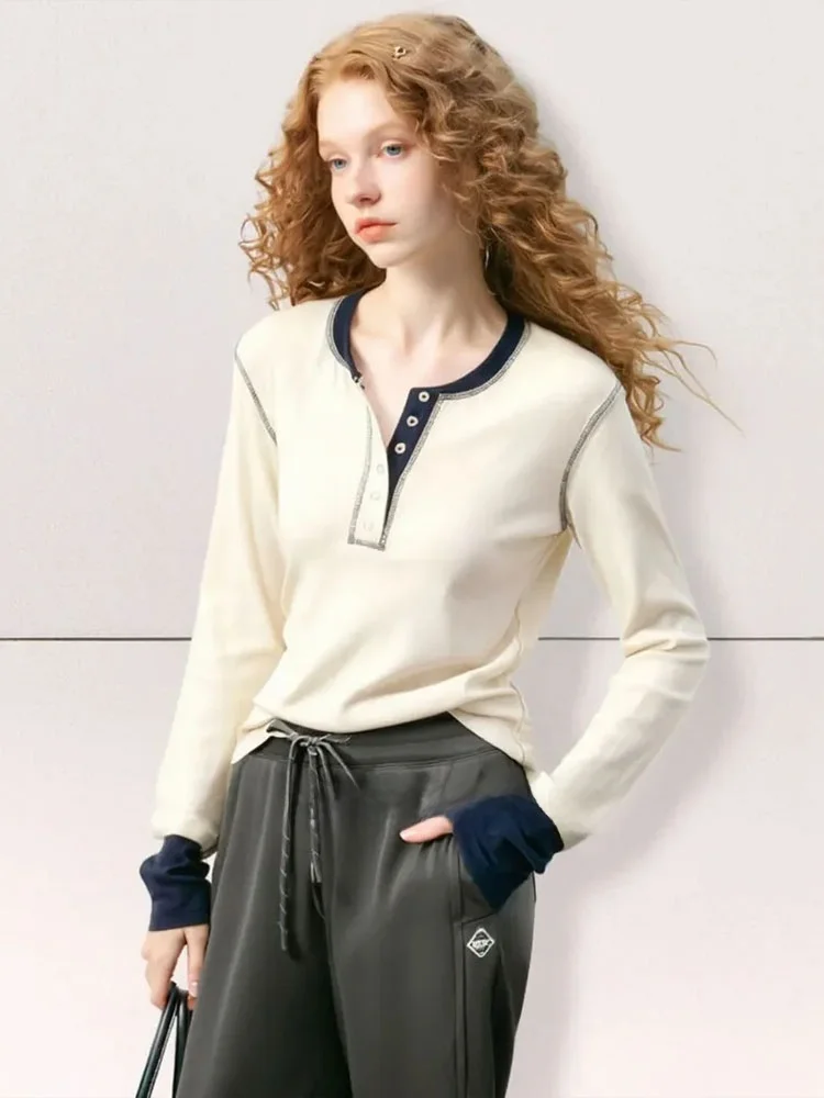 

Color Blo f Button T-irt Women's Casual Sport Sle Overhead Top Sweat Absorbent Stand Fit Long Sve Classic Pattern