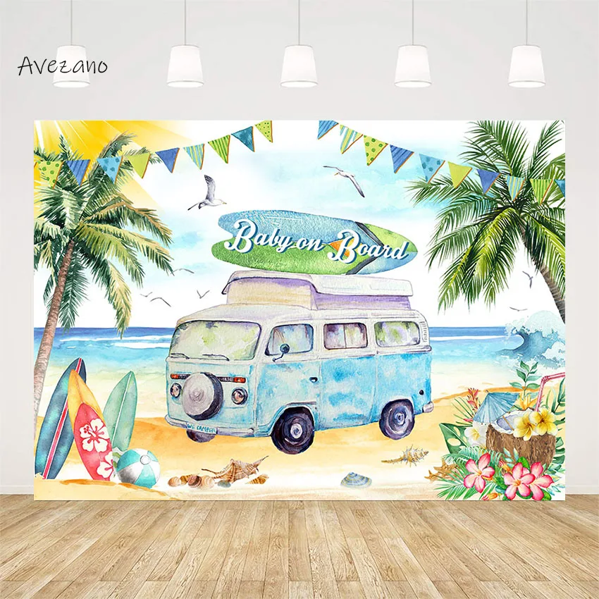 

Avezano Summer Backdrop Photography Tropical Hawaii Coconut Tree Beach Bar Surfboard Baby Shower Background Photo Studio Decor