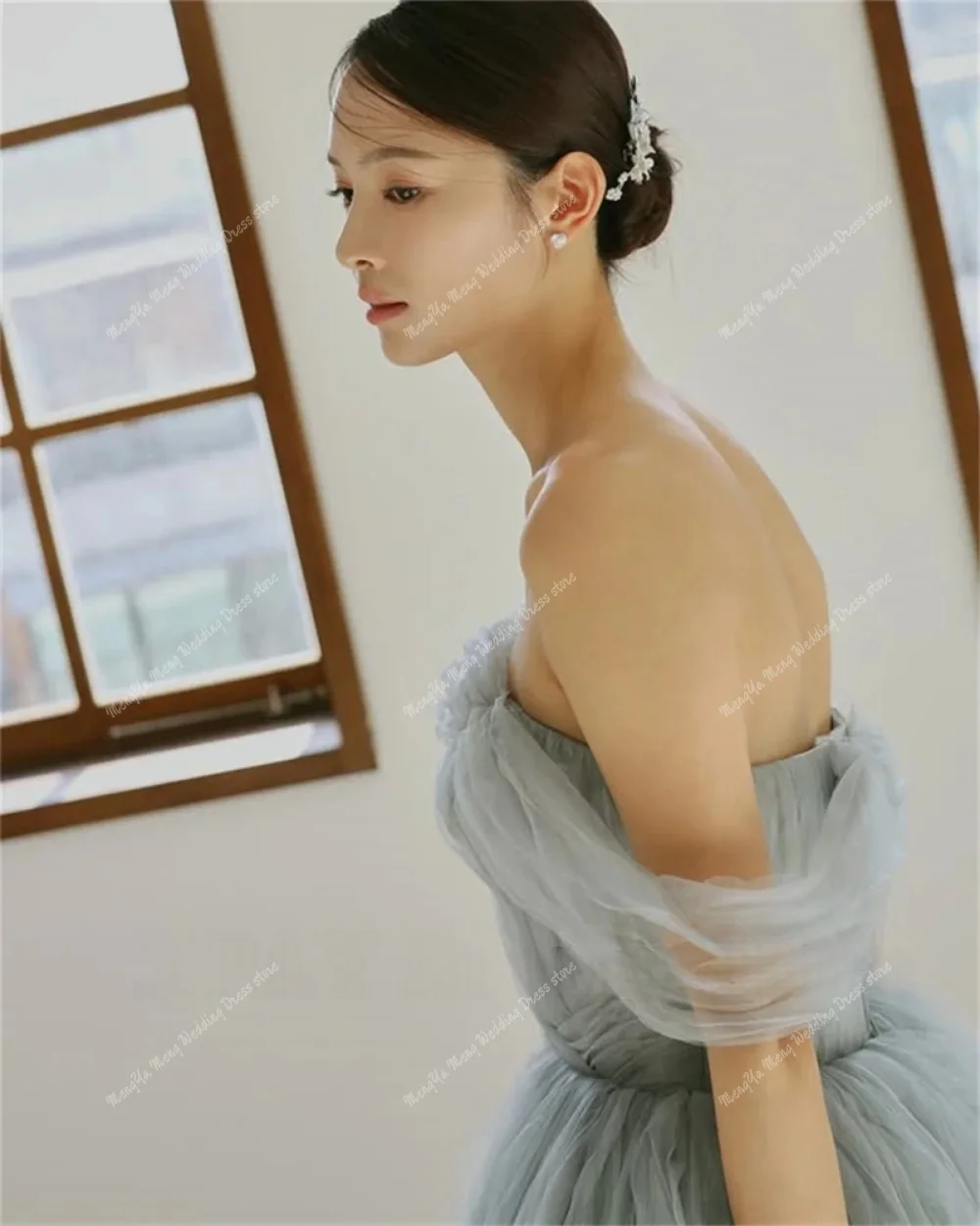 ชุดราตรีแฟนซีทรงเอไลน์สีน้ำเงินสไตล์เจ้าหญิงเกาหลี แบบสั่งตัดได้ สายเดี่ยว ผ้าทูลล์จับจีบ ชุดราตรีงานพรอม ชุดถ่ายภาพงานแต่งงาน ยาวกรอมพื้น