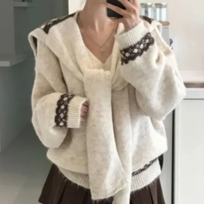 

Шикарный осенне-зимний свободный свитер Ne Wrap, комплект из двух предметов Lazy Sle Ele, винтажный антивозрастной маленький комплект одежды