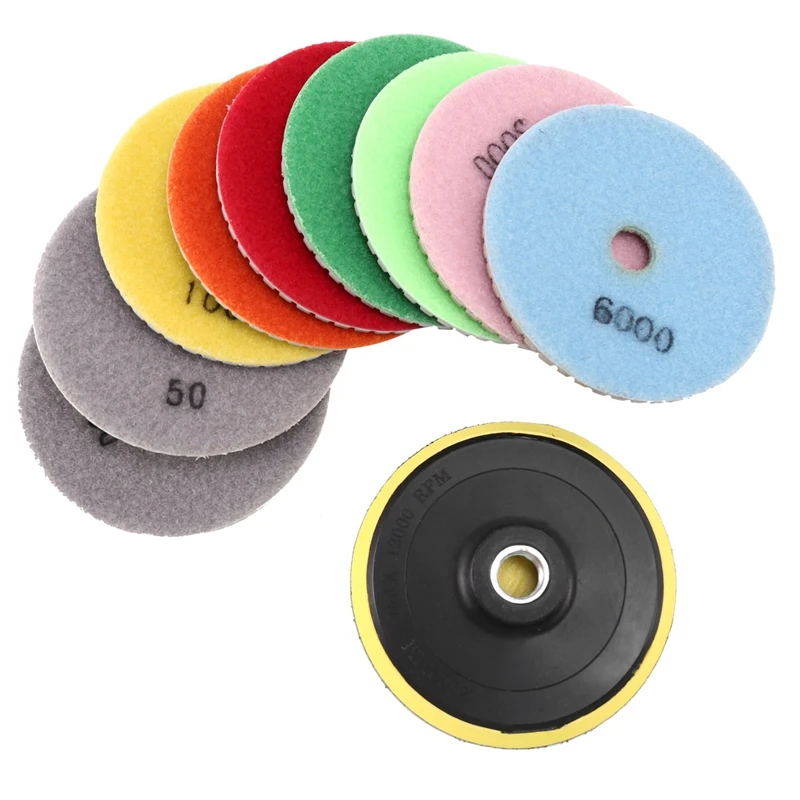 

10Pcs 4 Inch Diamond Polishing Pads Set, M14 Self-Adhesive Holder + 9 Pieces Dry Polishing Pads Kit For Car Auto Granite Marble