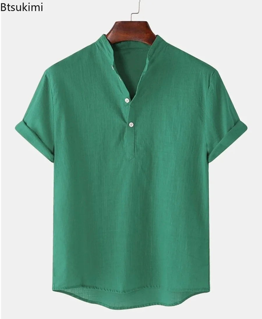 Men's Summer Linen Shirt Solid Color Stand Collar Men T-shirt Loose Buttons Short Sleeves Men Henry's Shirt Simple Style Men Top