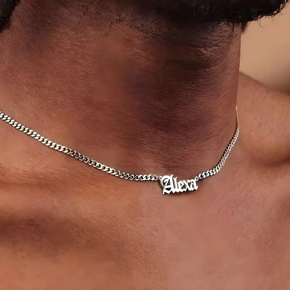 Collar Gargantilla Cubana con Nombre Personalizado en Escritura Gótica, Colgante con Nombre en Inglés Antiguo, Tono Plata y Oro, Joyería Hip Hop para Hombre