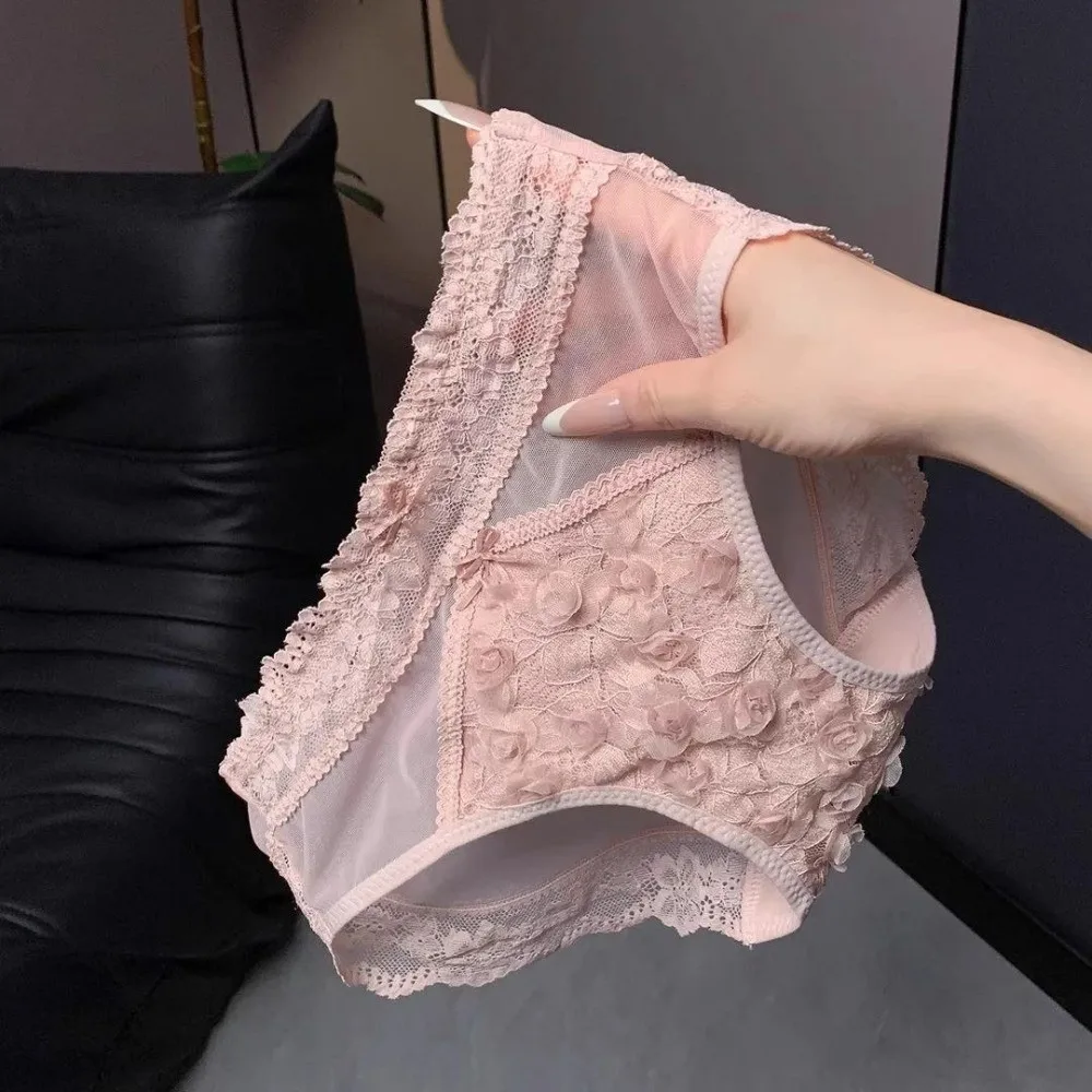 French Style Bow Lace Flower Panties Seamless Patchwork Lace Mesh Briefs Low Waist Transparent Women Underwear Lady