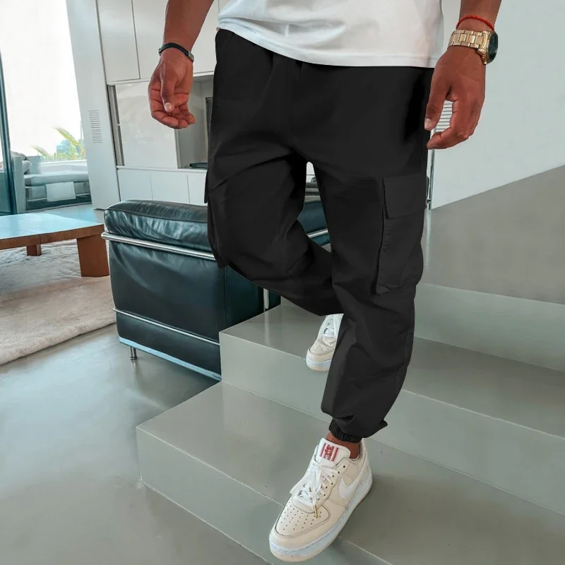 

Mens Streetwear Casual Solid Color Loose Jogger Trousers for Men Spring Summer Long Pants New Fashion Patch Pockets Design Pants