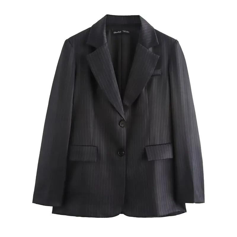 

New 2024 Autumn Winter Women's Faion Slim Stripe Straight Cut Long Sve irt Collar Suit Jaet Ele Profional Sle