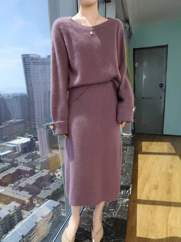 100% Mink Cashmere Skirt Sets Autumn Winter Women Elegant O-Neck Knit Pullover Sweater A-line Skirt 2 Piece Female Fashion Suits