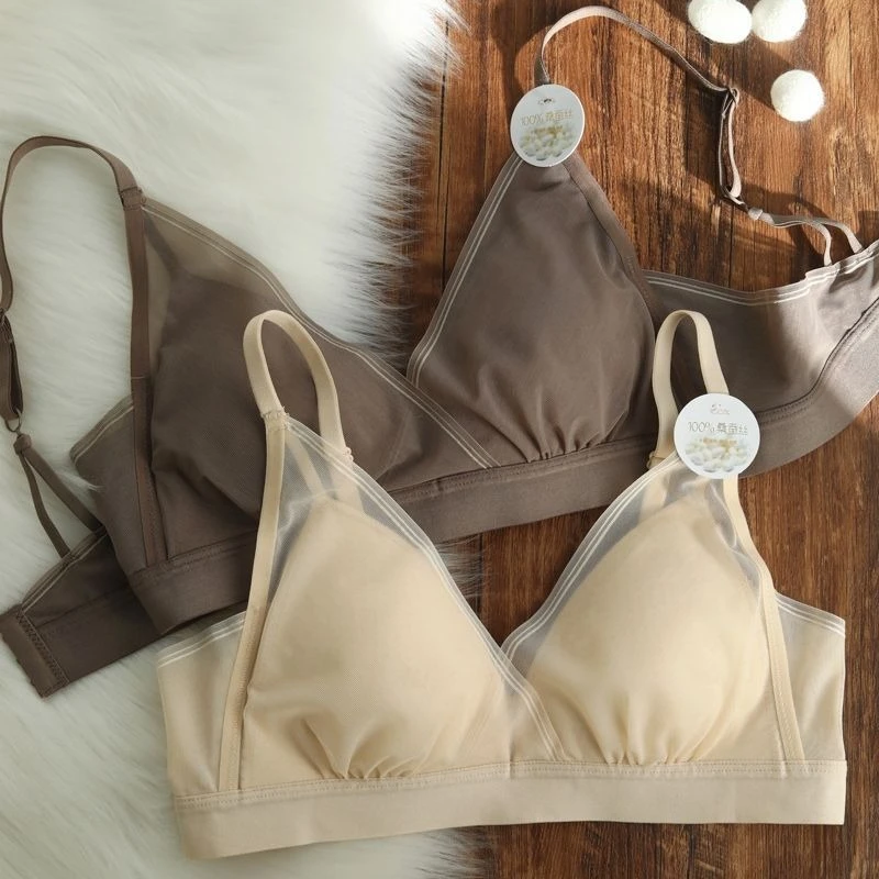 High Quality Mulberry Silk Women Lingerie French Thin Cup Push Up Bra Sexy Lace Wire Free Summer Breathable Comfort Underwear
