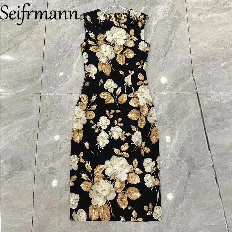 Seifrmann 2025 秋の新着シルクノースリーブドレス秋ホワイトローズフラワーブラックボトムベストスカートシルク痩身
