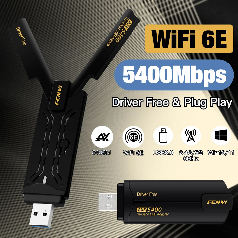 

Fenvi USB WiFi 6E AX5400 Adapter Tri Band 2.4G/5G/6GHz Wi-Fi USB3.0 Dongle High Gain Antenna Wireless Network Card Driver Free