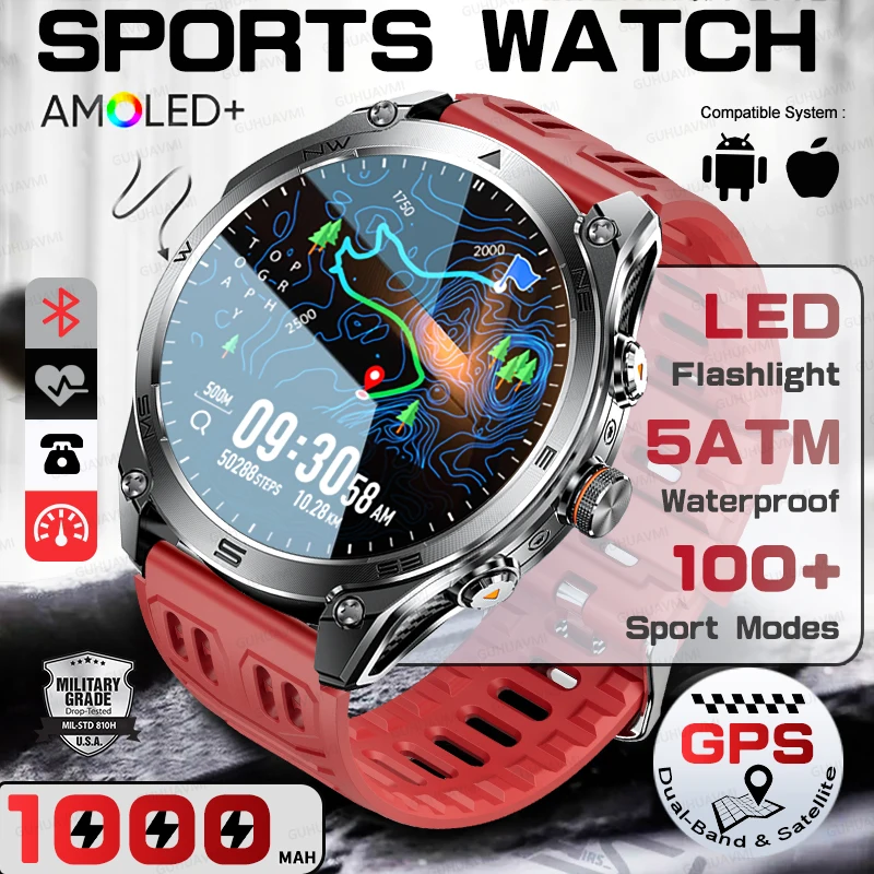 Tactical GPS Smart Watch Military 1000 mAh Super Capacity Battery Compass Altimeter LED Flashlight 5ATM Waterproof HD Call Watch