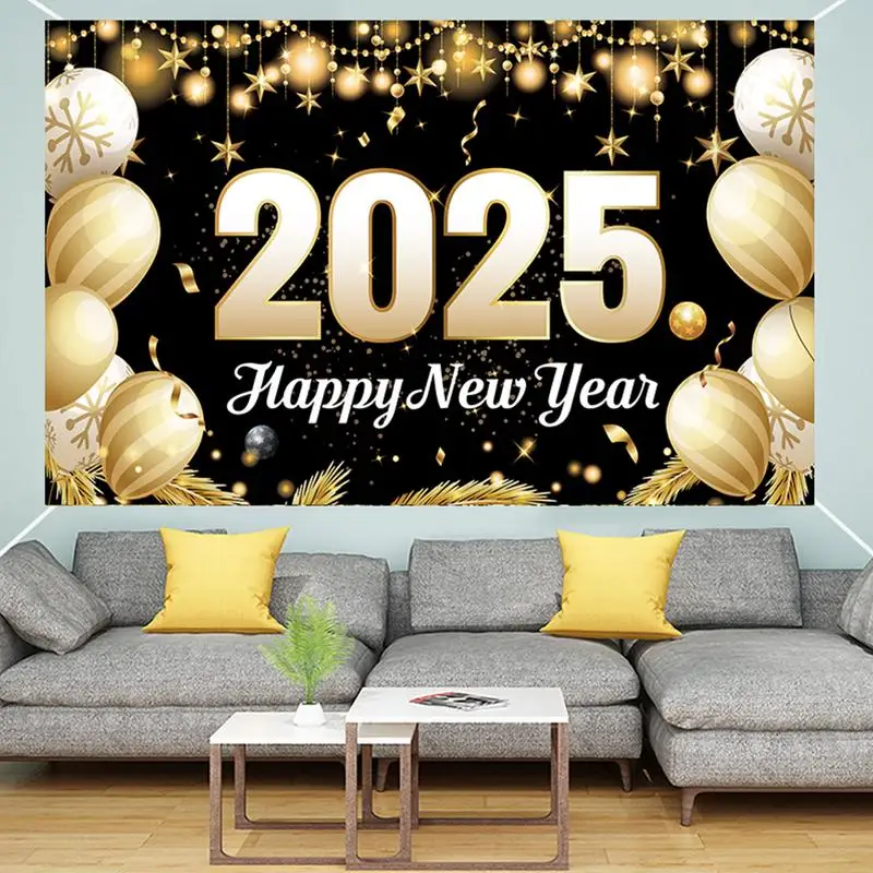 

Happy New Years Banner 2025 Banner For New Years Eve Black And Gold Balloon Theme 70 X43 Inches New Year Parties Decoration