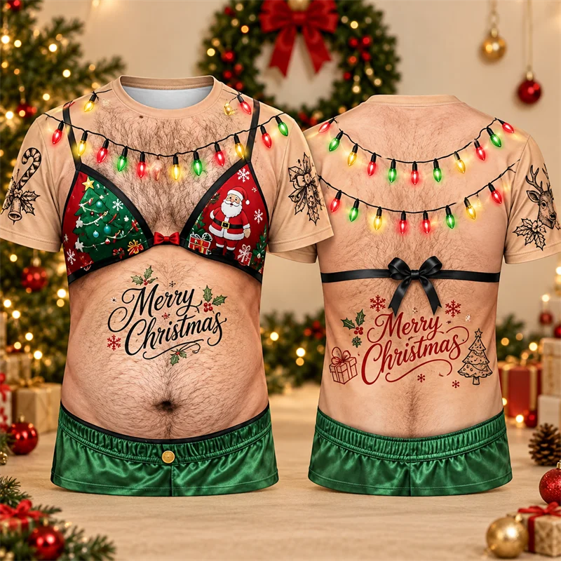 Fake Hairy Belly Christmas T Shirt 2026 New Men Short Sleeve 3D Funny Illusion Print Festive Bra Novelty Xmas Party Outfit Tee