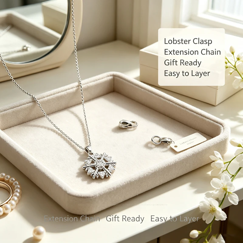 Delicate Rotatable Silver Snowflake Necklace Pave Zircon Center Dainty Chain Winter Anniversary Holiday Neck Jewelry Gift