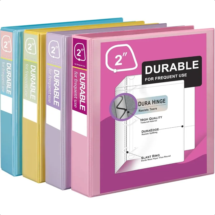 Durable 3 Ring Binder 2 Inch Economy 4 Pack Each Holds 540 Sheets DRing Presentation View Binders for Office School Home Pastel