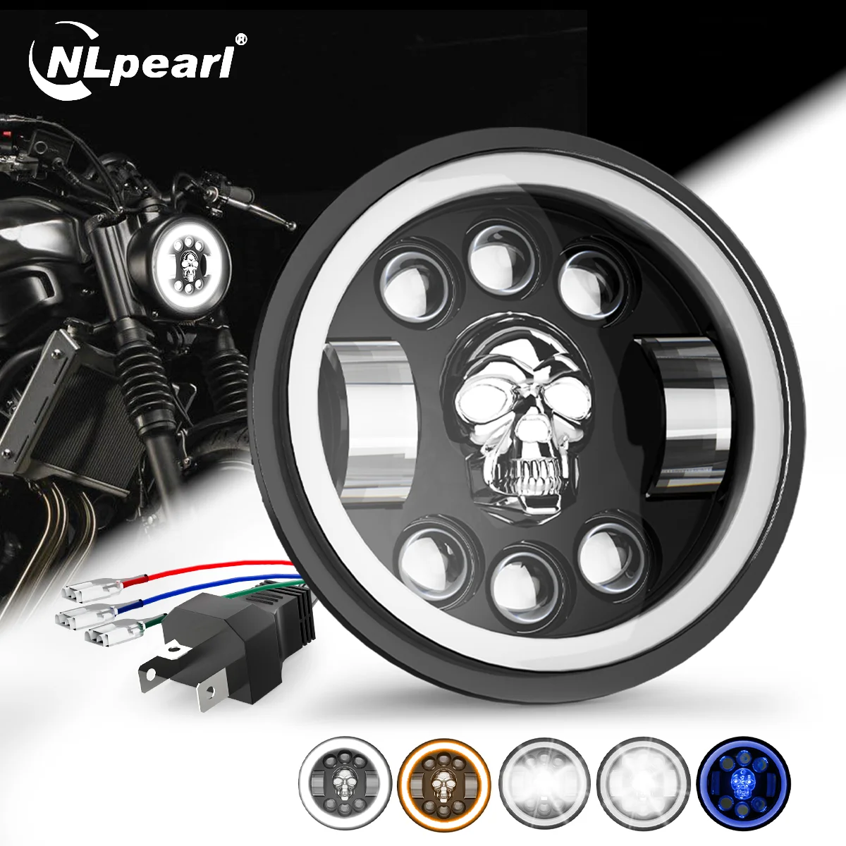 

5.75" LED Headlight Skull Flashing Headlight Automatic Turning Changes Motorcycle Fit For Jeep Wrangler Jk Halo Angel Eyes