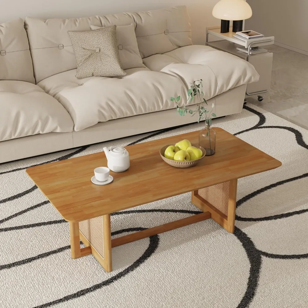 Прямоугольный деревянный журнальный столик в стиле бохо с ножками в стиле ротанга для гостиной