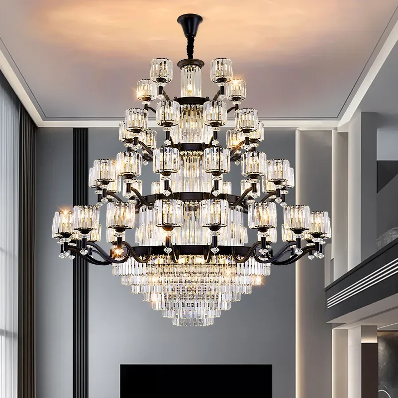 Black American Retro Crystal Chandelier for Duplex Villa Staircase Living Room Middle Floor Lighting Fixture