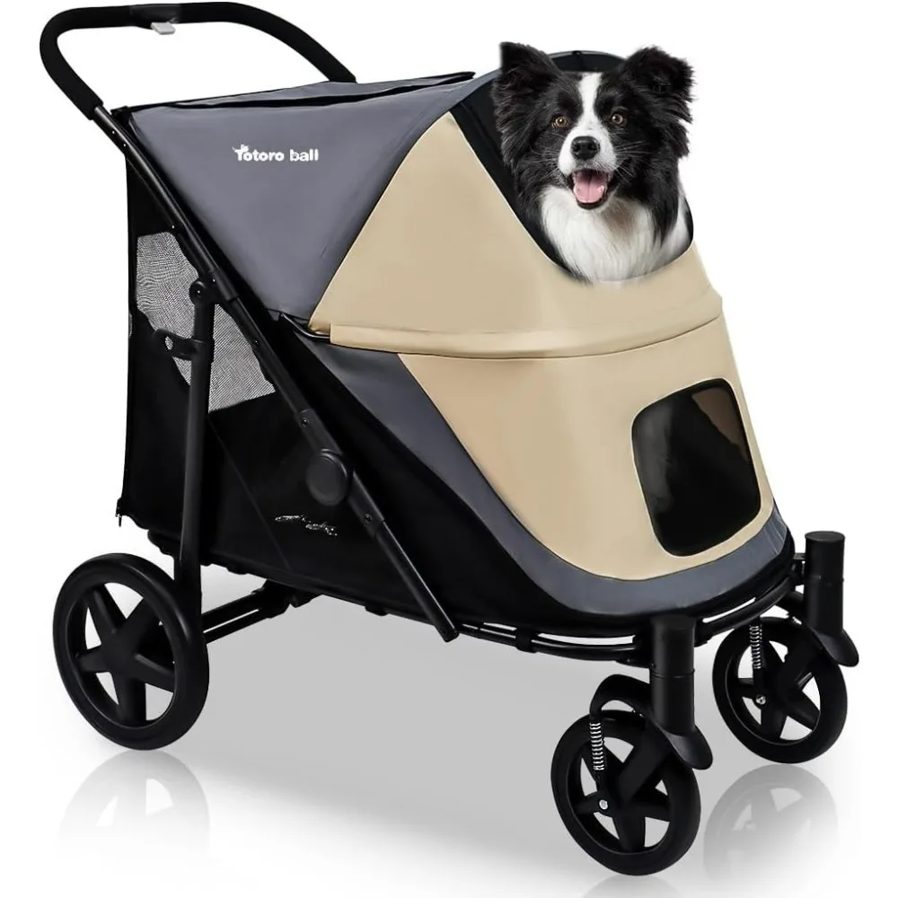 Dog Stroller for Medium/Large Dogs One-  with Storage Pocket Suitable for Pets Up to 110LBS (Beige&Grey)