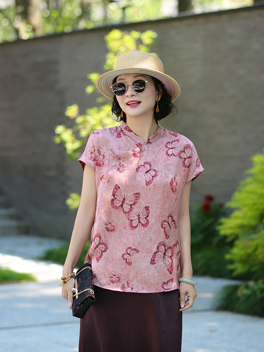 

XiangFei Summer New Chinese Sle Vintage Rich Embroidery Silk Chiffon Women's irt Skin-friendly Breathable Loose...