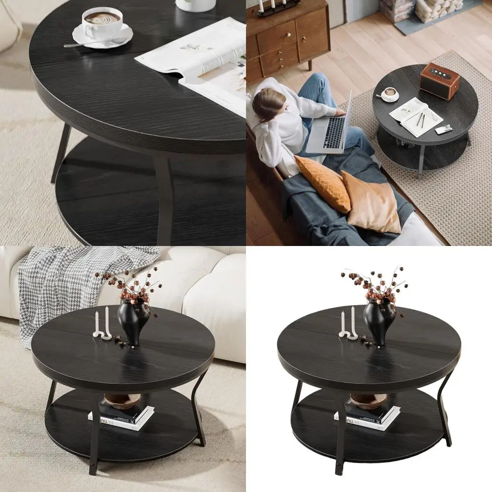 طاولة قهوة صناعية حديثة مكونة من طبقتين، إطار معدني أسود 31.5 مع سطح خشبي سميك لغرفة المعيشة