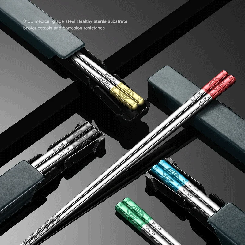 6color Stainless Steel Metal Chopsticks Household Lunch Tableware Travel High Temperature Sterilizable Non-slip with Storage Box