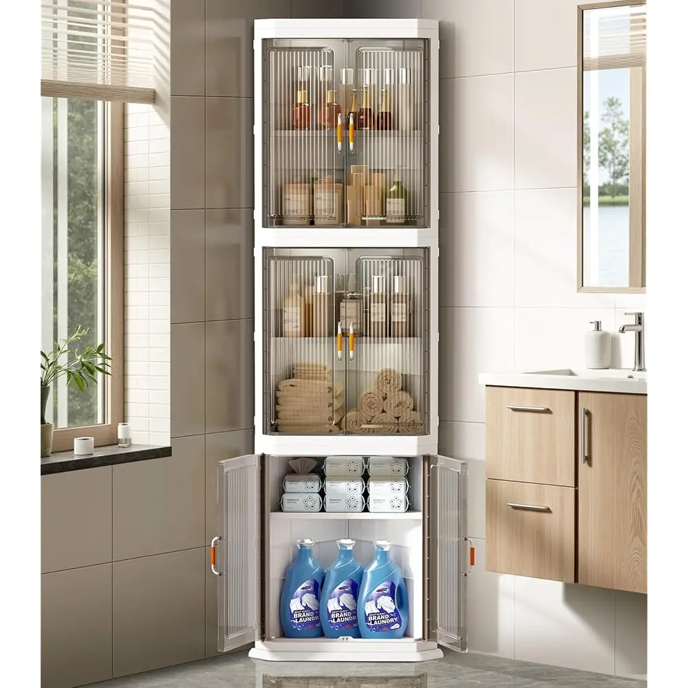 

Farmhouse Tall Storage Cabinet Organizer Plastic Bathroom Corner Shelf With 3 Doors And Adjustable Shelves Home Space Saver For