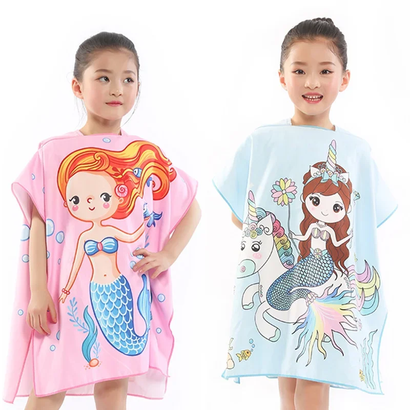 Mermaid Beach Towel Quick Dry Unicorn Hooded Cloak Wetsuit Kids Large Bath Towels Soft Microfiber Poncho Bathrobe for Swim Surf