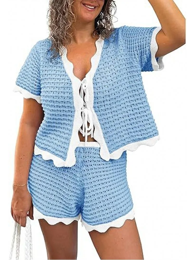 Women's Summer Knited 2 Two Pieces Sets Suit Hollow Out Short Sleeve Lace Up Tops And Shorts Beach Holiday Swimwear Cover-up