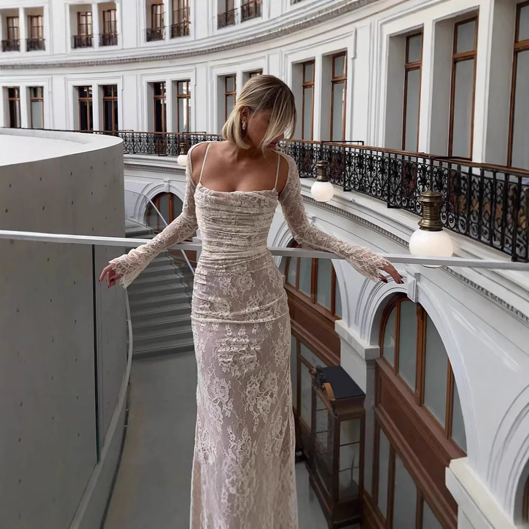 Vestido maxi de renda branca sexy, decote quadrado, vestido de noite fino, outono, design elegante, roupas femininas vintage, vestido de verão