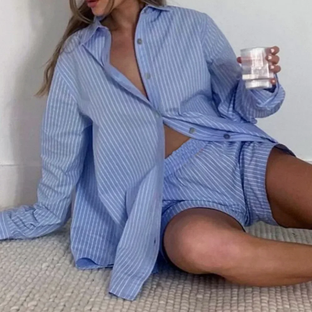 Wear Tracksuit Women Shorts Set Stripe Long Sleeve Shirt Tops and Loose High Waisted Mini Shorts Two Piece Set 2023 Casual Sets