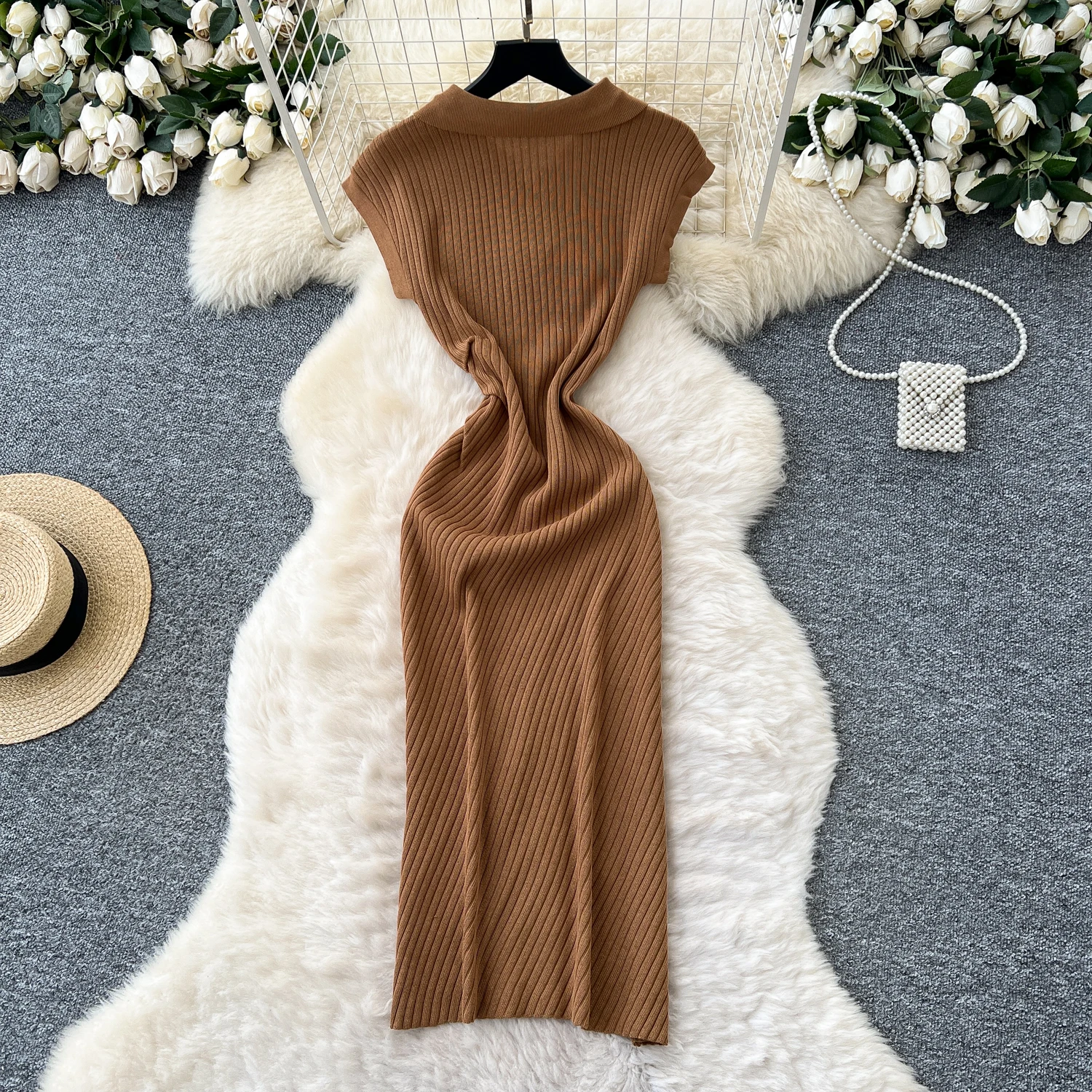 Schickes Vintage-Kurzarm-Strickknopf, schlank, elegante Fee, koreanische Mode, Boho-Sommerkleid, Damenbekleidung, langes Kleid