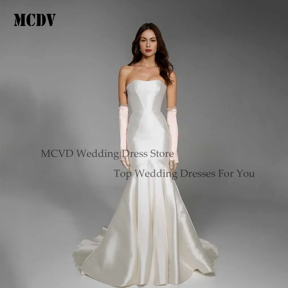 

MCDV Customized Wedding Dresses Elegant Mermaid Satin Bridal Gowns Button Back Sweep Train Bride Dress Luxury Vestido De Novia