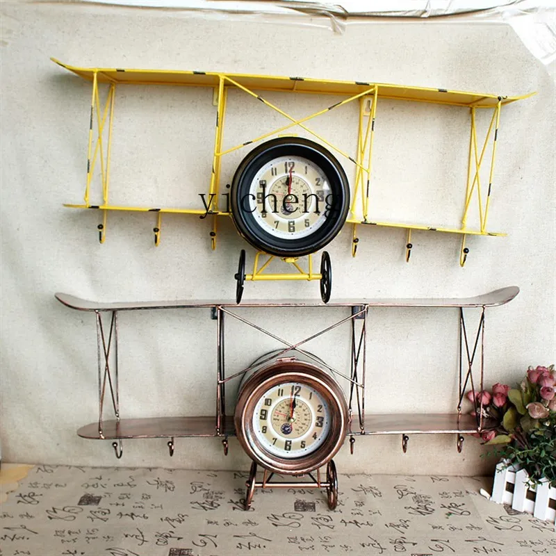 ZYA Vintage Airplane Model Storage Rack Wall-Mounted Propeller Clock Creative Iron Wall Decoration