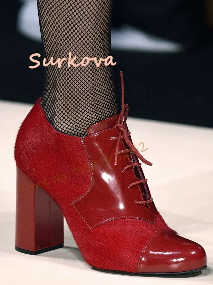 

Красные лоскутные меховые зимние ботинки с круглым носком, сабо на толстом каблуке со шнуровкой, элегантные подиумные роскошные дизайнерские туфли-лодочки, весенняя женская обувь 46