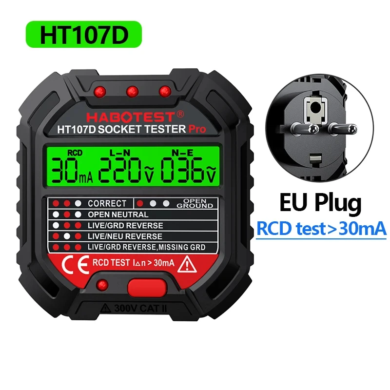 HT106/HT107 Digitale Outlet Socket Detector Spanningstest Socket Testers US/UK/EU Plug Ground Zero Line Fasecontrole RCD NCV Tester