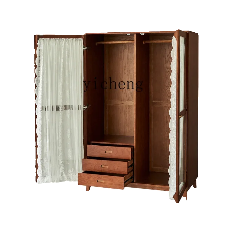 

ZK solid wood wardrobe retro bedroom home hanging clothes capacity cabinet wardrobe double door gauze curtain glass cabinet