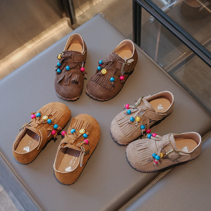 Girls Retro Ethnic Style Traditional Suede Shoes New Autumn Children's Soft-soled Flat Shoes with Tassels Stylish Single Shoes